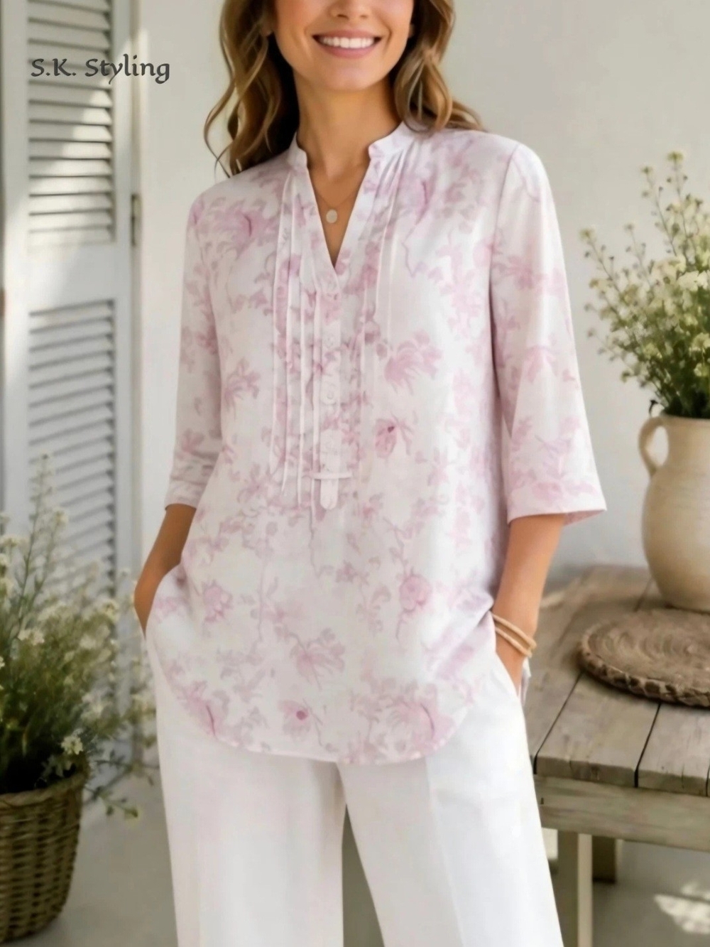 Malvin Hamburg I 🖤 Linen Floral V-neck Pintuck Tunic Top 100% Linen size Large